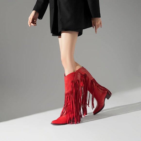 Women's Fashion Pointed Toe Chunky Pull On Knee High Heel Embroidered Red Boot - Picture 6 of 8